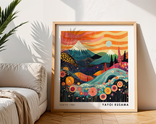 Yayoi Kusama Inspired Mount Fuji Sunset Print | Orange Japanese Landscape Wall Art