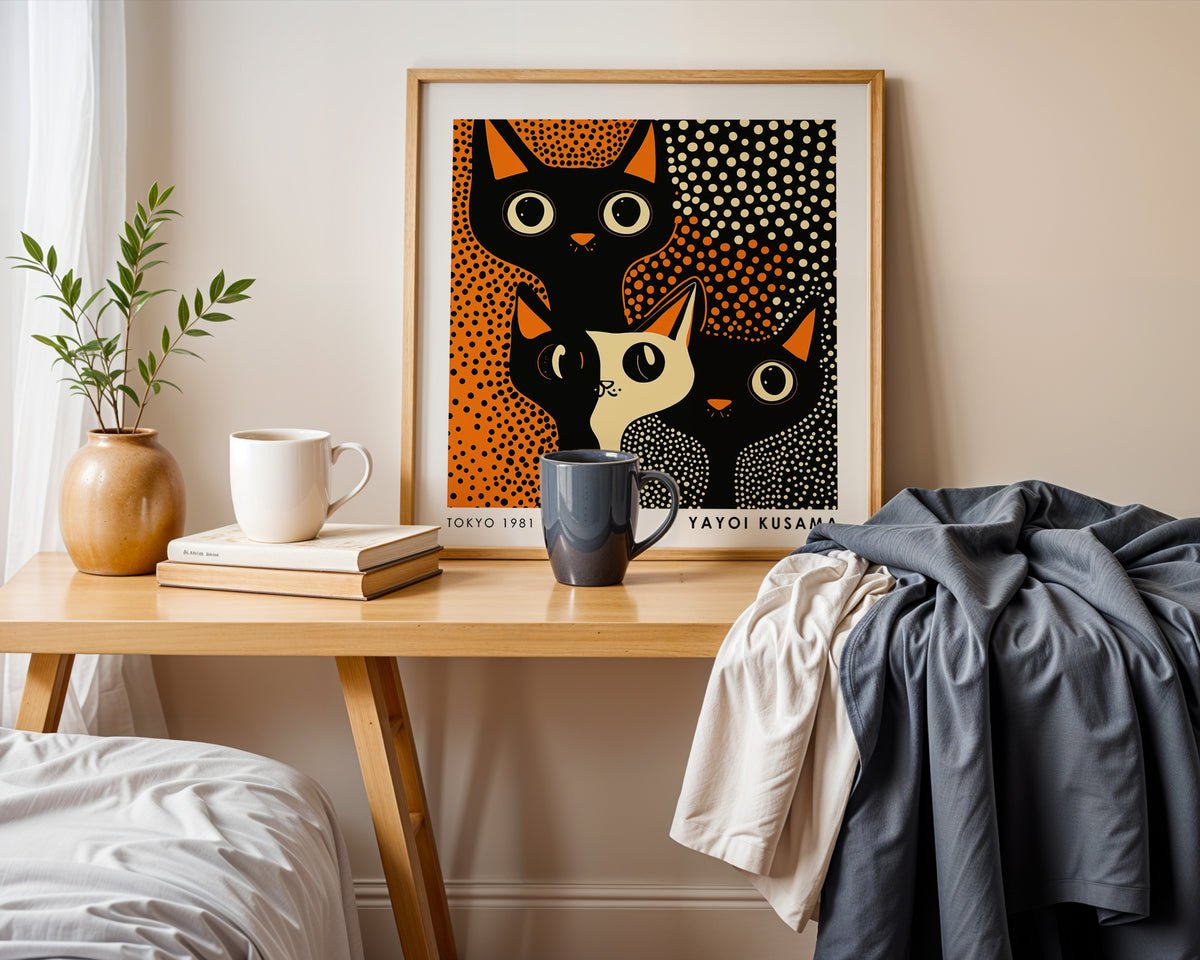 Yayoi Kusama Inspired Orange Black Cat Print | Japanese Polka Dot Wall Art
