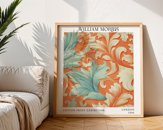 William Morris Style Acanthus Print – Orange & Aqua Square Wall Art