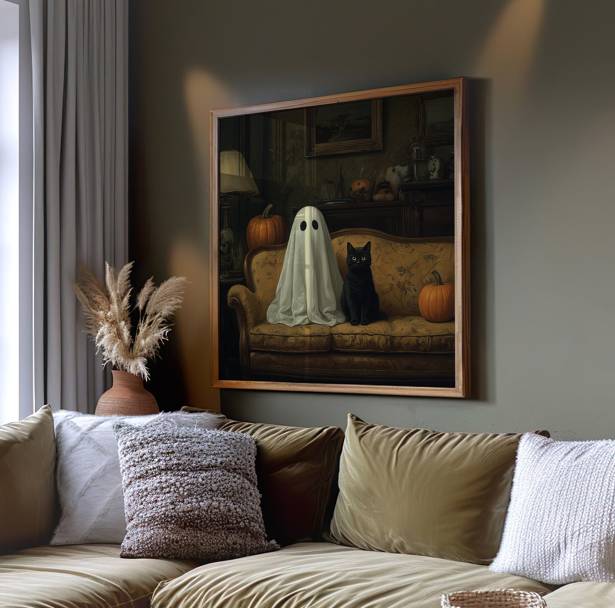 Ghost & Cat Halloween Print - Gothic Wall Art - Whimsical Poster
