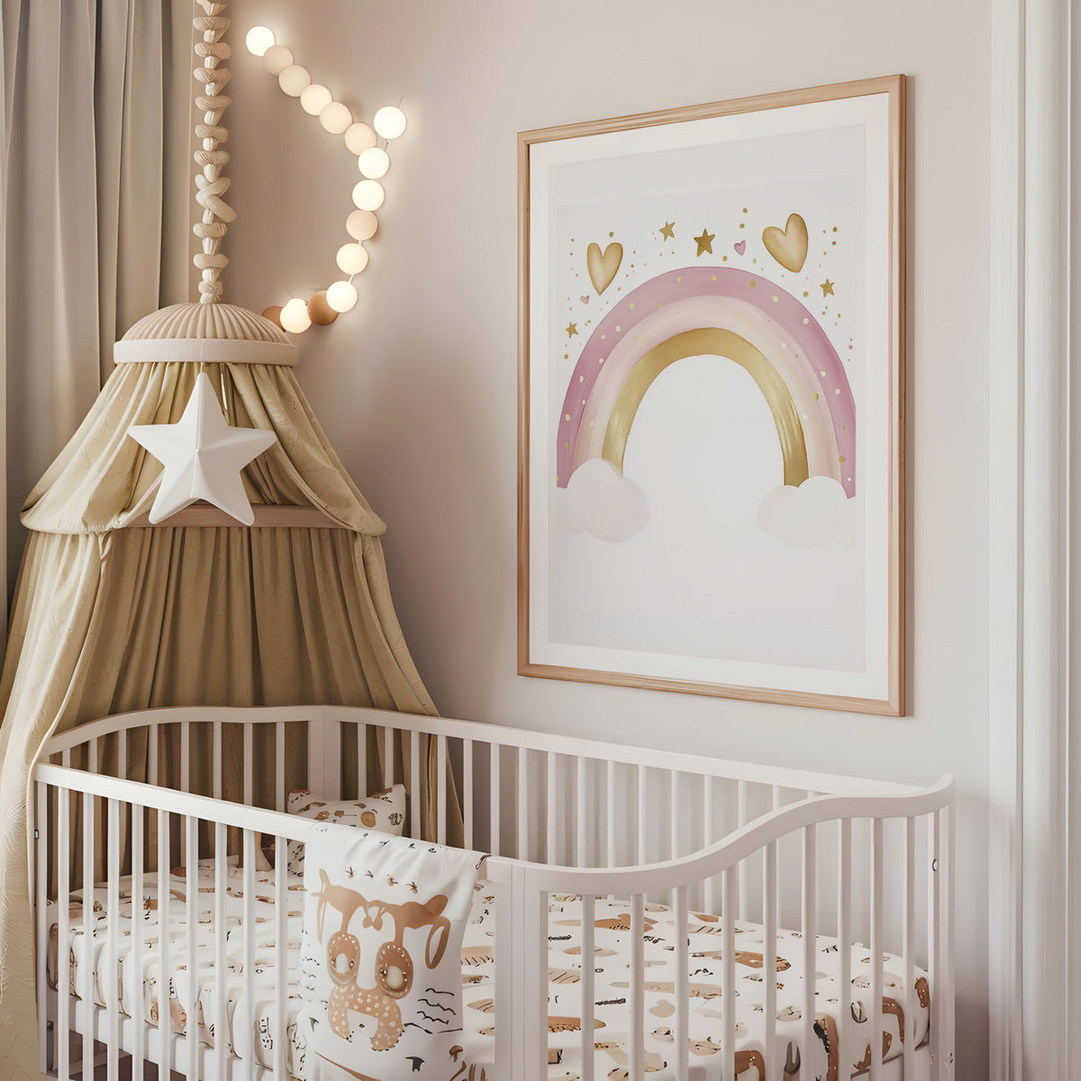 Pink gold rainbow nursery wall art displayed above a cot