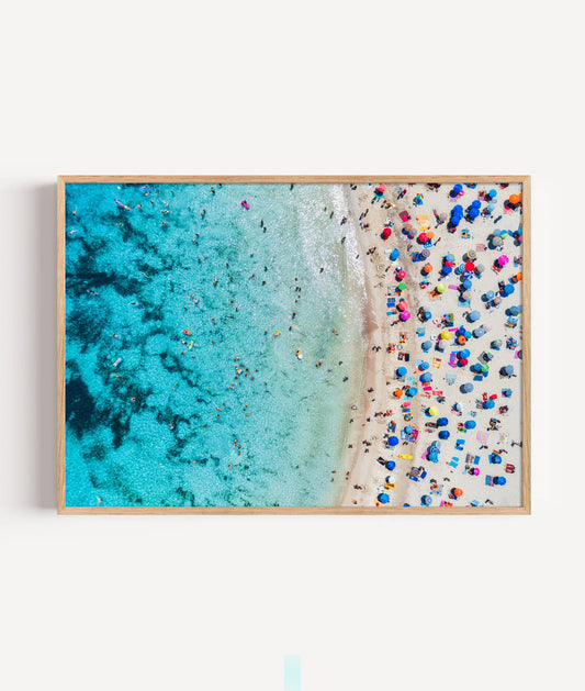 Aerial Beach Umbrella Print, Turquoise Ocean Photography Wall Art Poster, Coastal Summer Decor