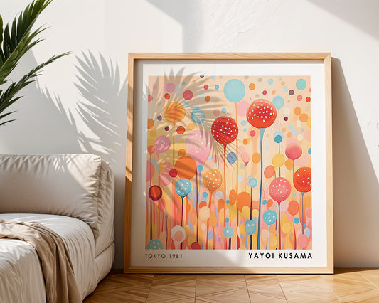 Yayoi Kusama Inspired Pastel Polka Dot Stems Print | Colourful Japanese Wall Art