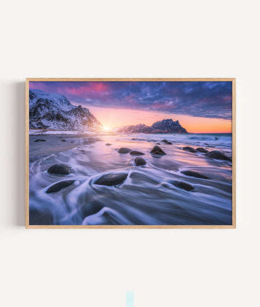 Snowy Coastal Print, Winter Beach Photography Wall Art Poster, Mountain Seascape Decor