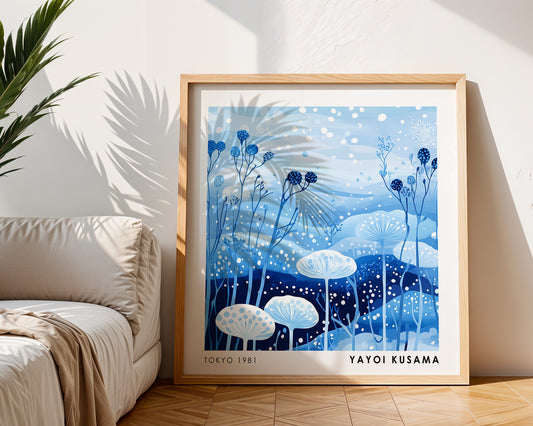 Yayoi Kusama Inspired Blue Polka Dot Mushroom Print | Japanese Botanical Wall Art