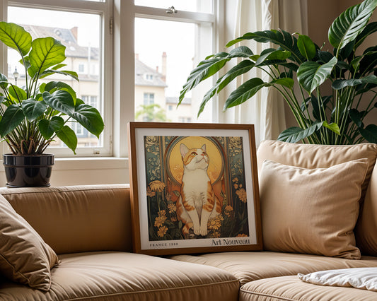 Cat Art Nouveau Print - Art Deco Poster - Vintage Floral Wall Art