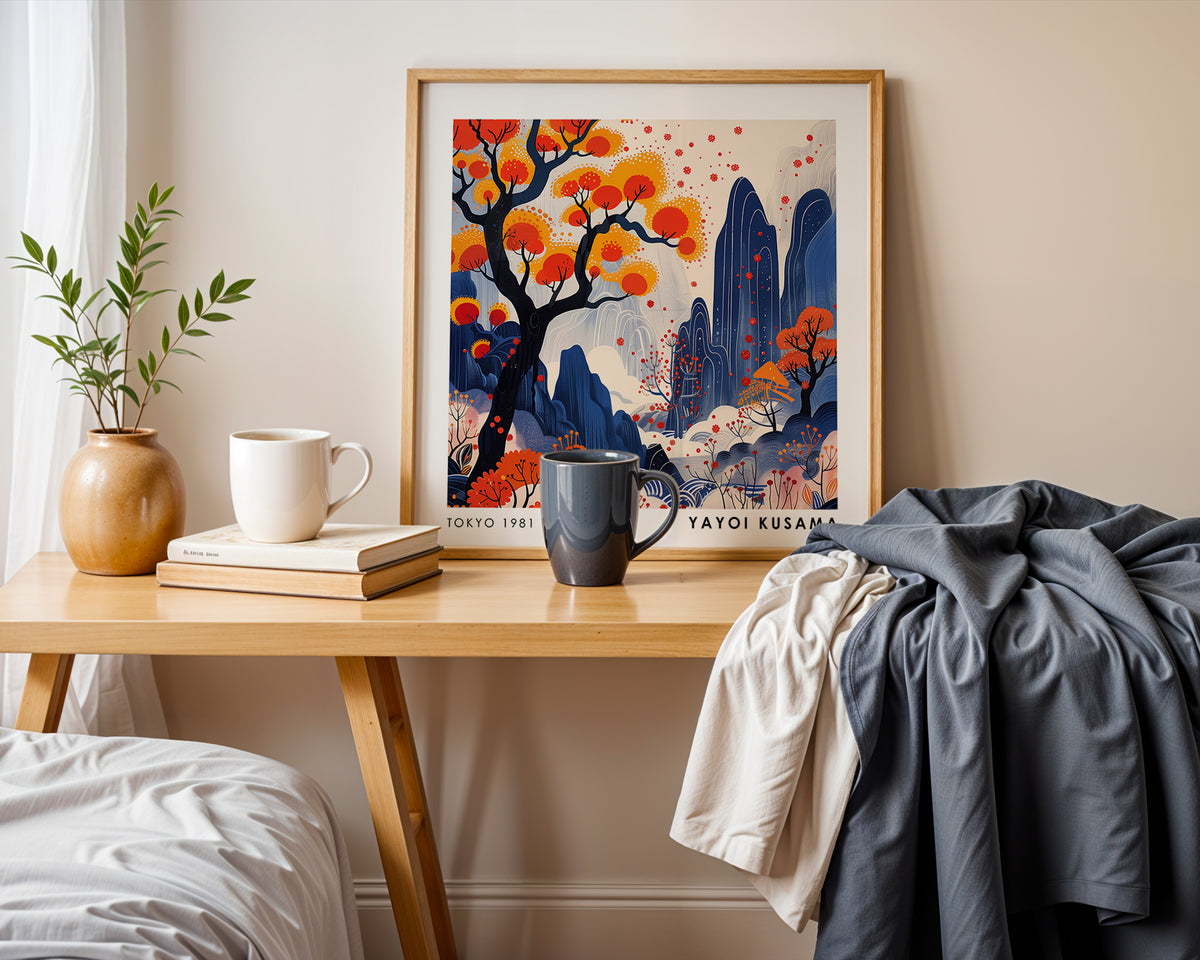 Yayoi Kusama Inspired Orange Tree Landscape Print | Japanese Blue Mountain Wall Art