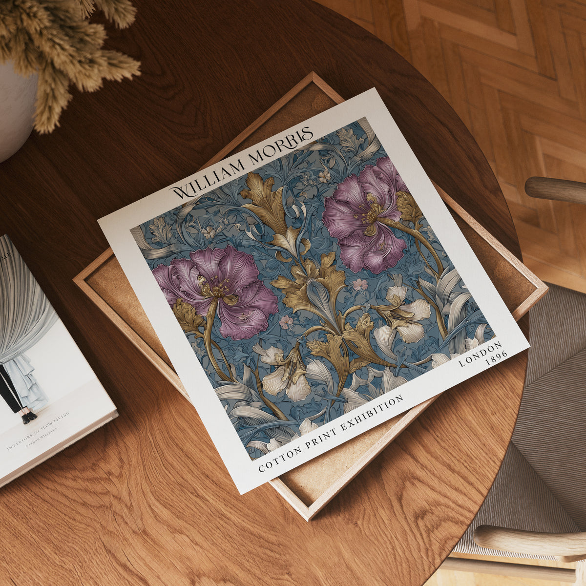 William Morris Style Purple Floral Print – Blue Botanical Square Wall Art