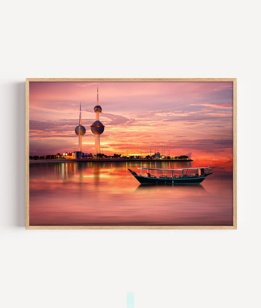 Kuwait Towers Print, Sunset City Skyline Wall Art Poster, Middle East Travel Decor