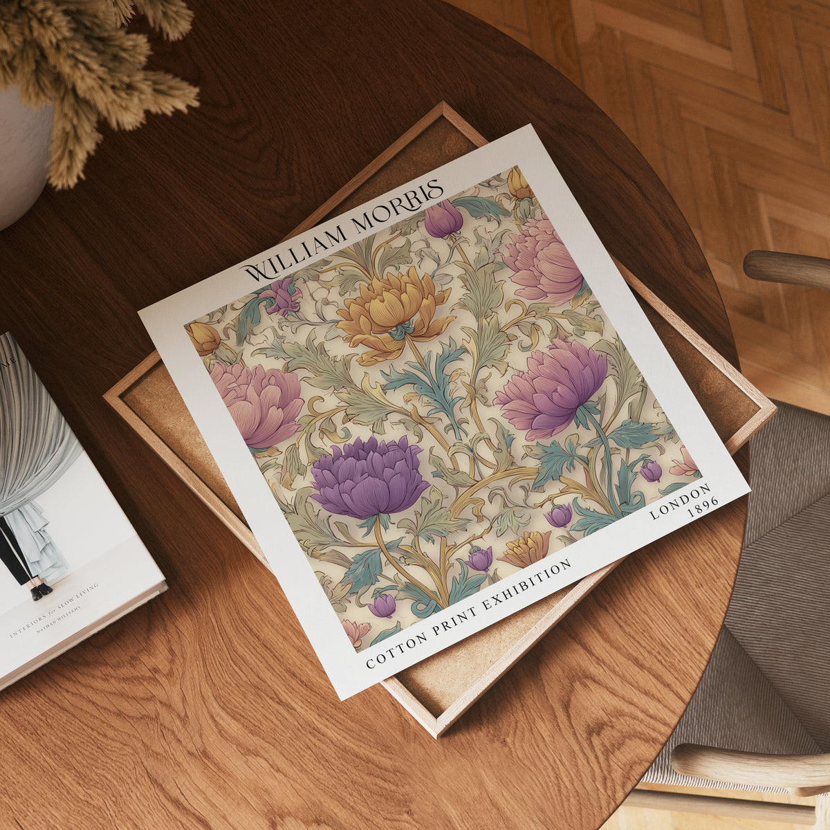 William Morris Style Pastel Floral Print – Pink & Lilac Square Wall Art