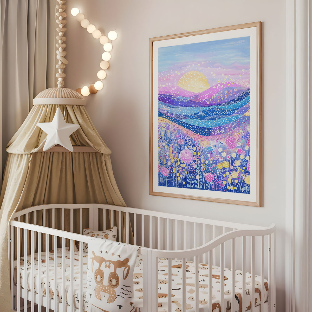 Colourful floral sunset landscape nursery wall art displayed above a cot
