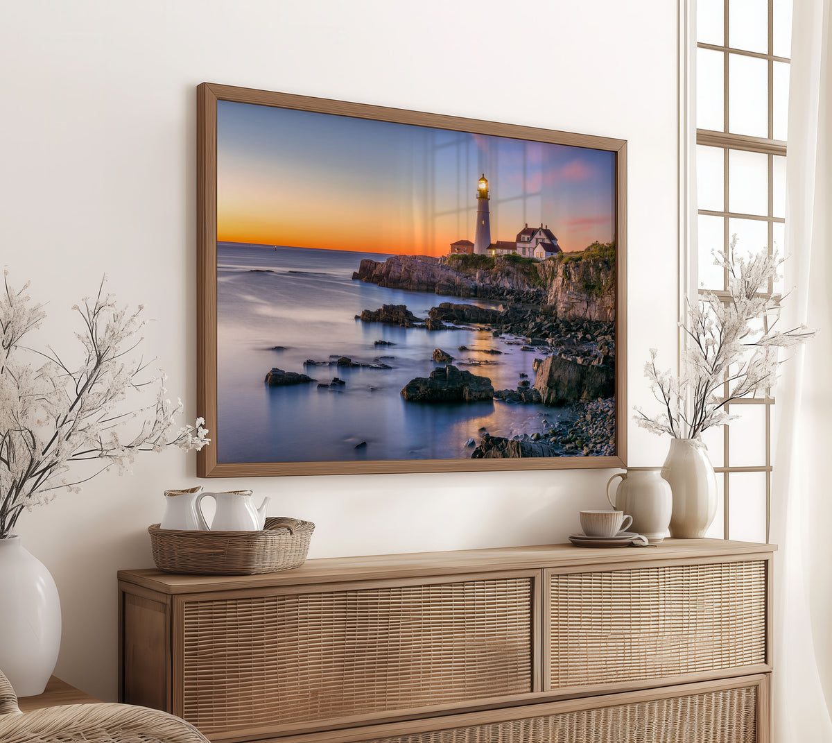 Rocky Lighthouse Print, Coastal Sunset Photography Wall Art Poster, Seaside Ocean Decor