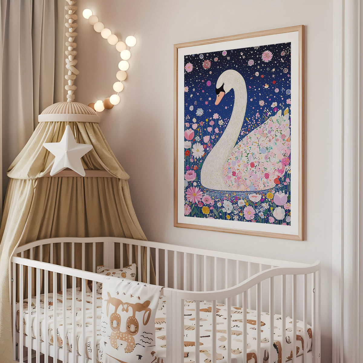 Colourful floral swan nursery wall art displayed above a cot