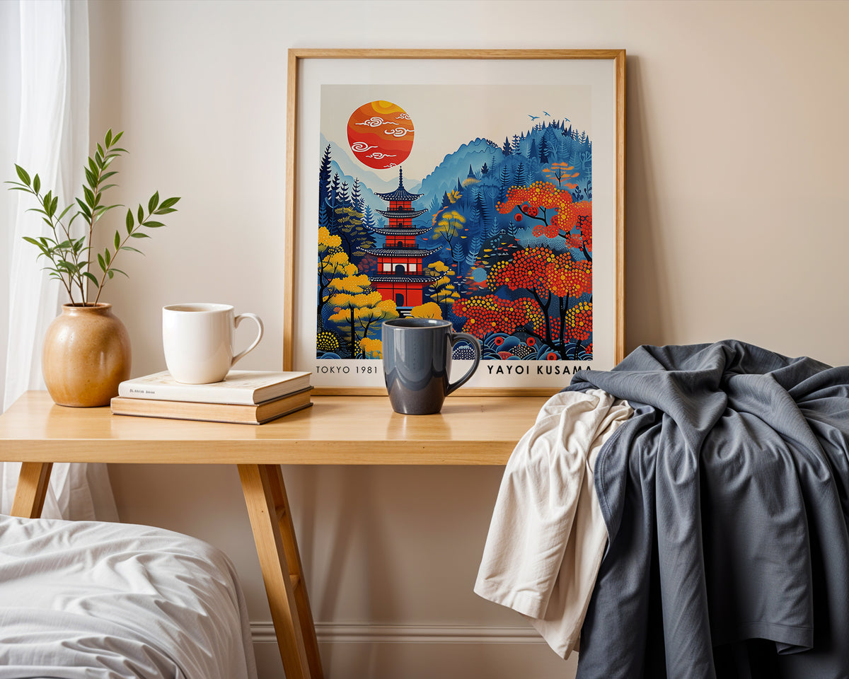 Yayoi Kusama Inspired Autumn Pagoda Print | Japanese Red Sun Landscape Wall Art