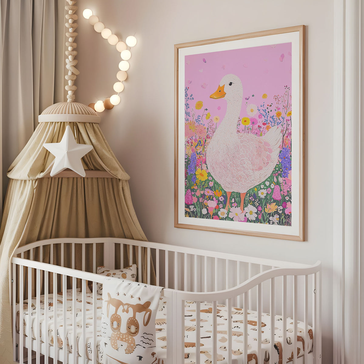 Pink goose floral nursery wall art displayed above a cot
