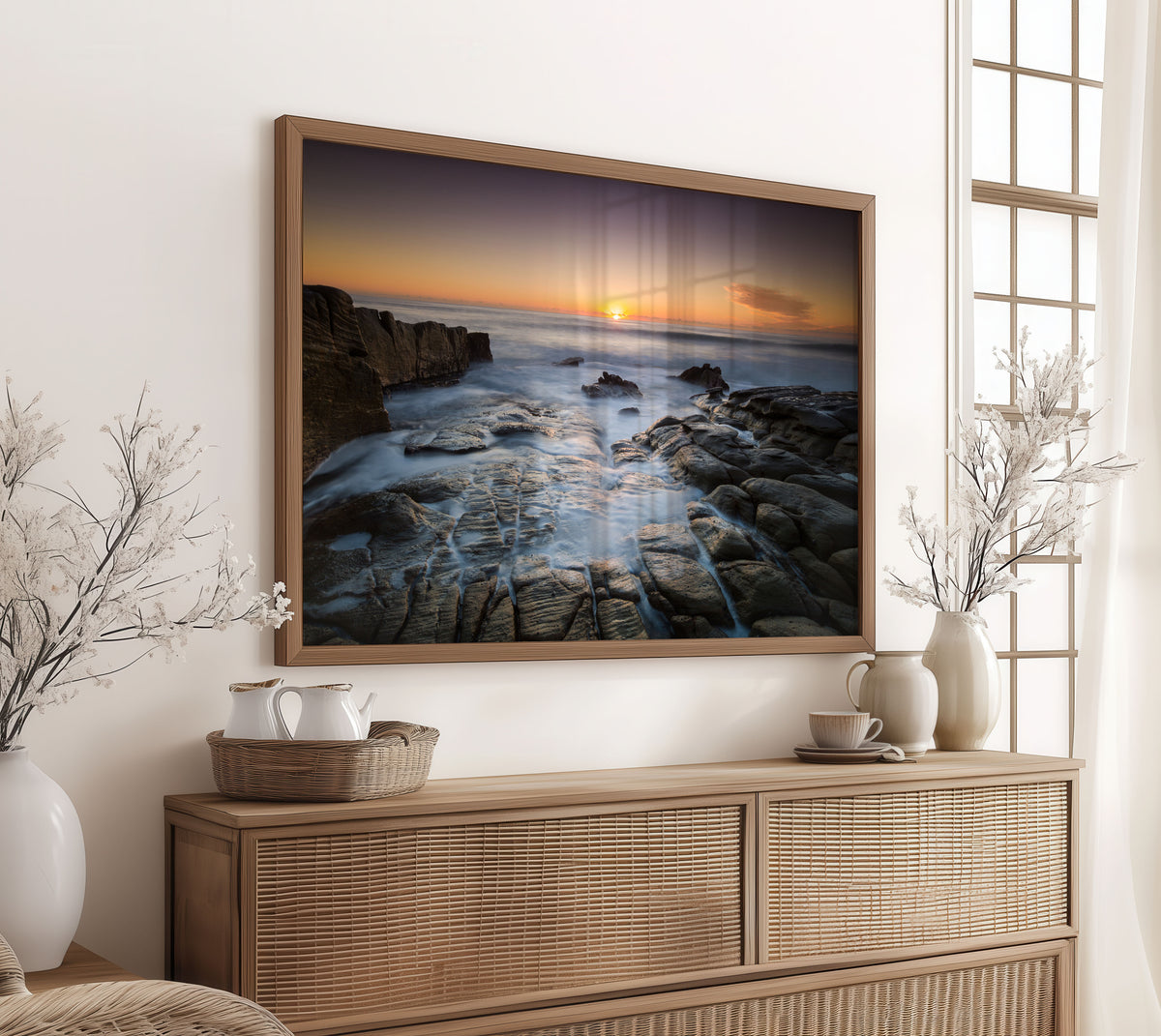 Rocky Coast Sunset Print, Ocean Seascape Photography Wall Art Poster, Coastal Decor
