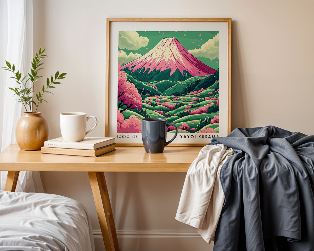 Yayoi Kusama Inspired Pink Mount Fuji Print | Cherry Blossom Japanese Landscape Wall Art