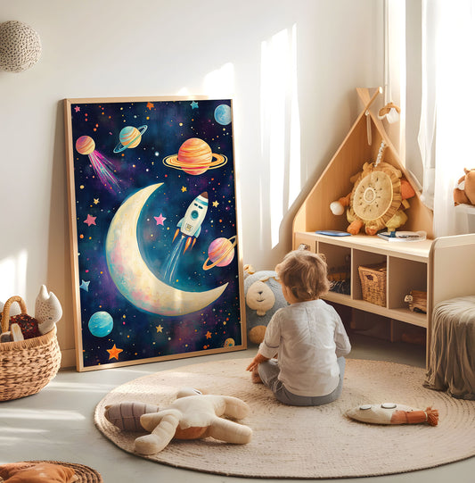 Moon rocket and planets nursery print displayed in a bright child's room
