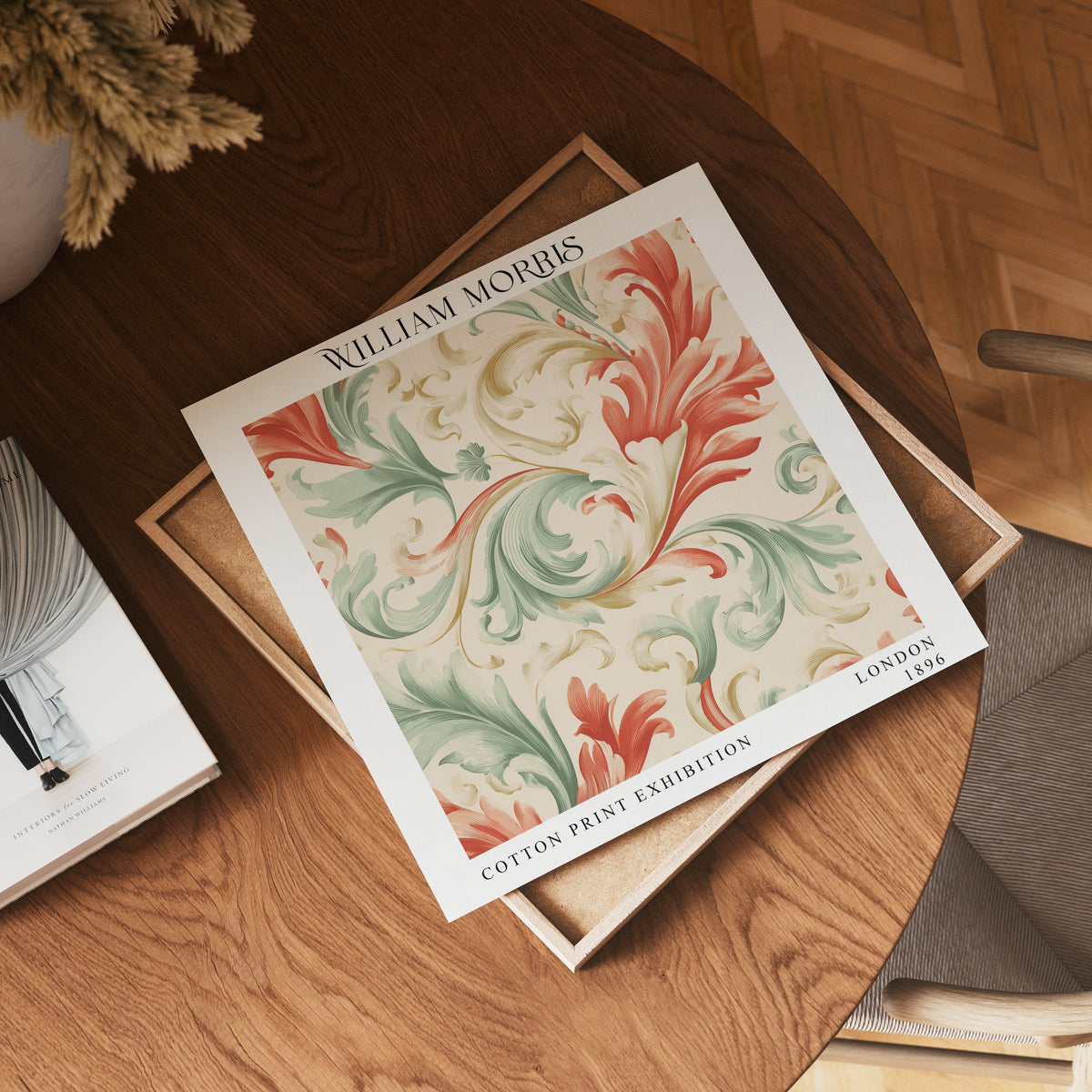 William Morris Style Acanthus Print – Coral & Sage Square Wall Art