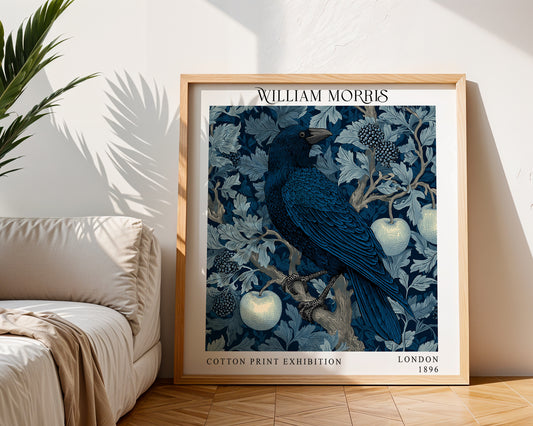 William Morris Style Raven & Apple Print – Blue Botanical Square Wall Art