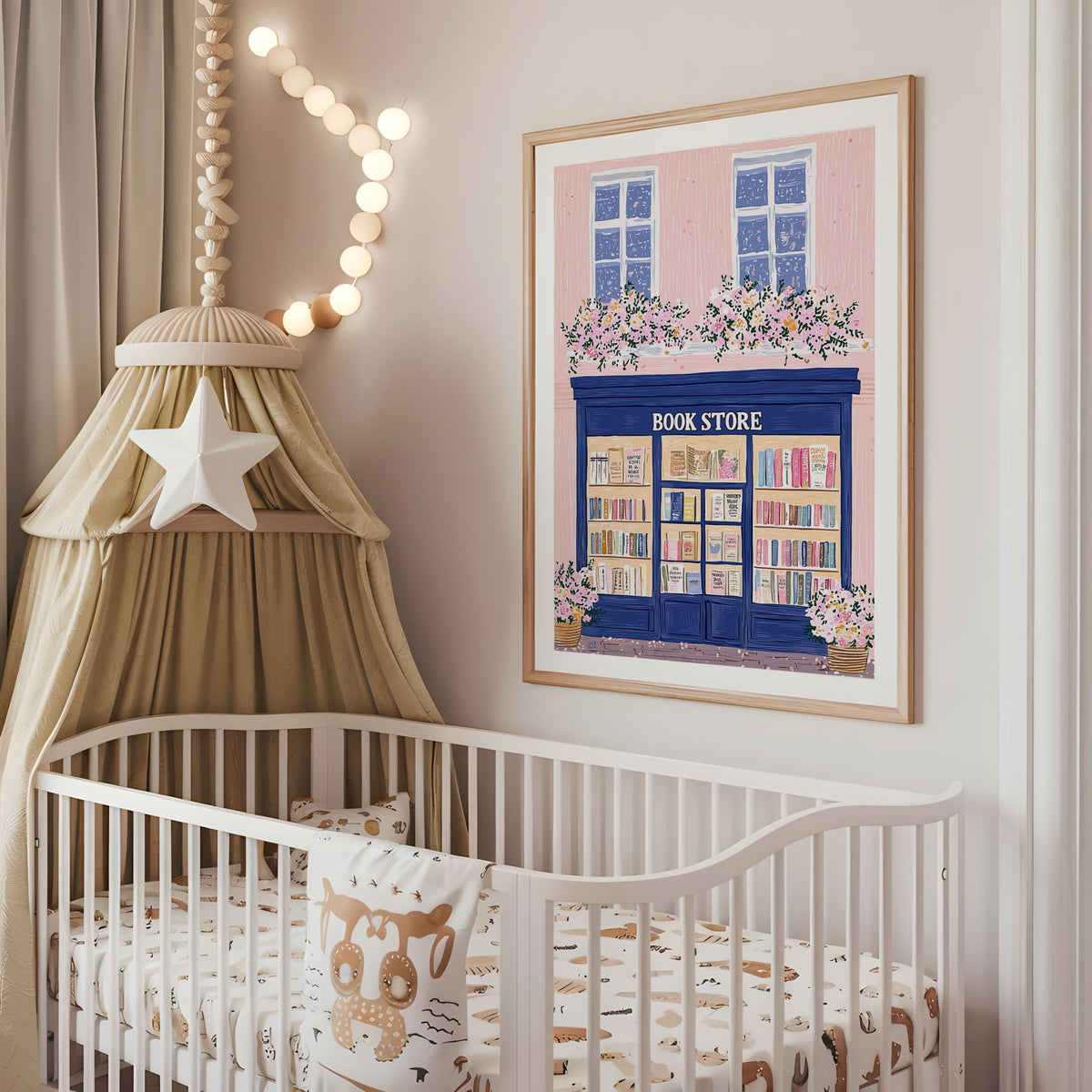 Blue floral bookshop nursery wall art displayed above a cot
