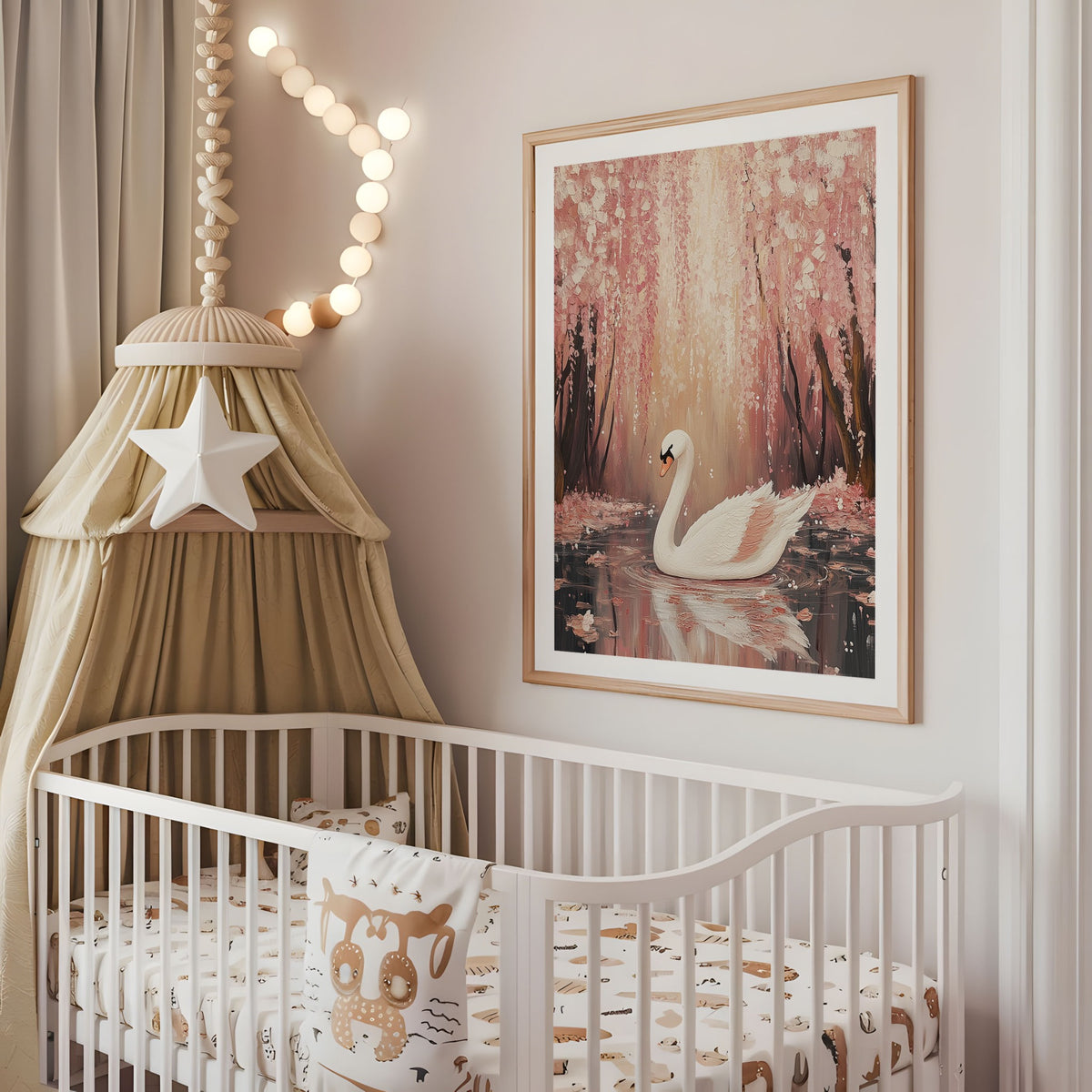 Pink blossom swan nursery wall art displayed above a cot
