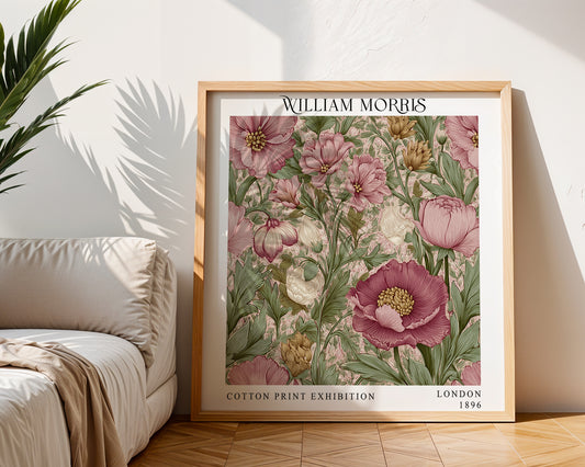 William Morris Style Pink Floral Print – Botanical Square Wall Art