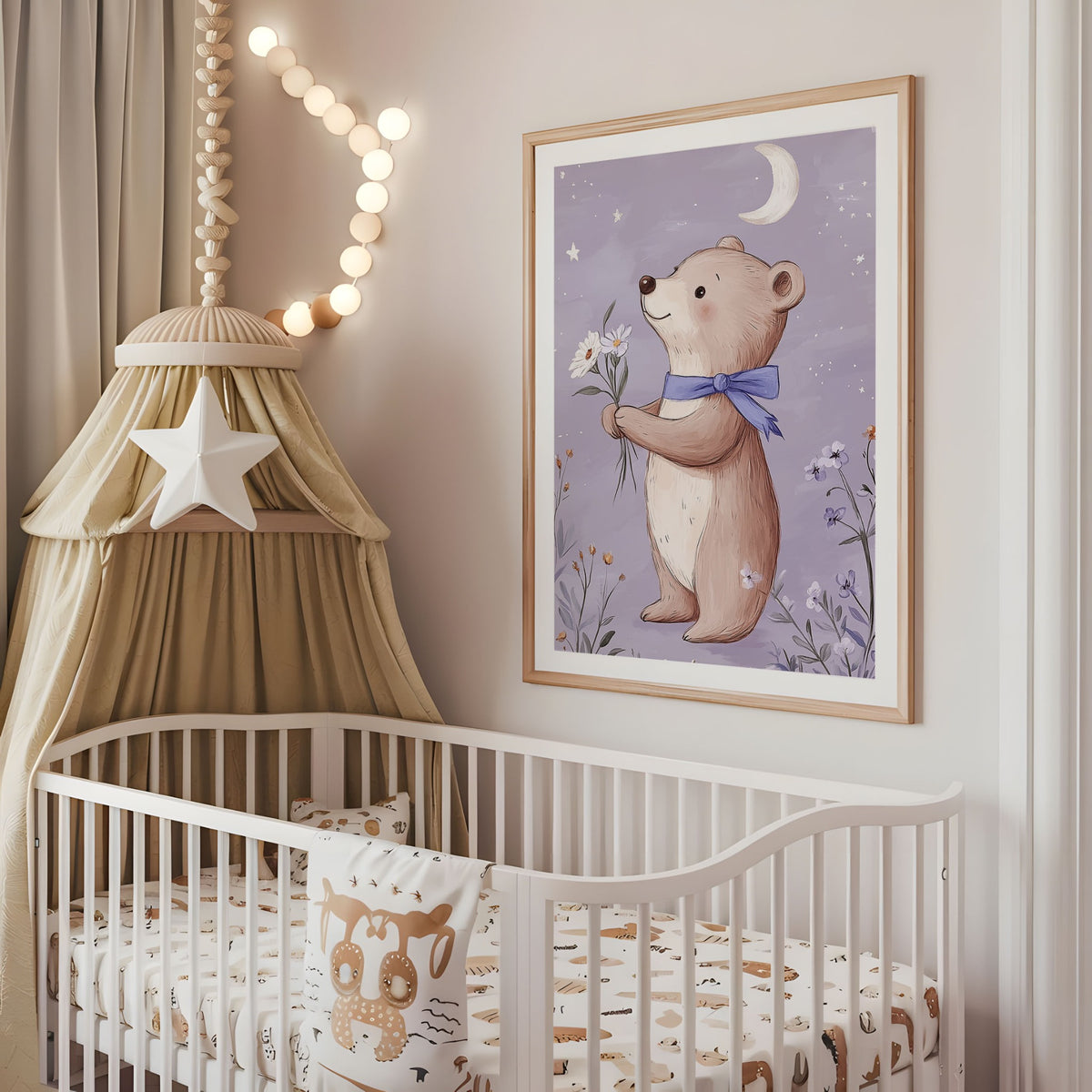 Purple teddy bear floral nursery wall art displayed above a cot