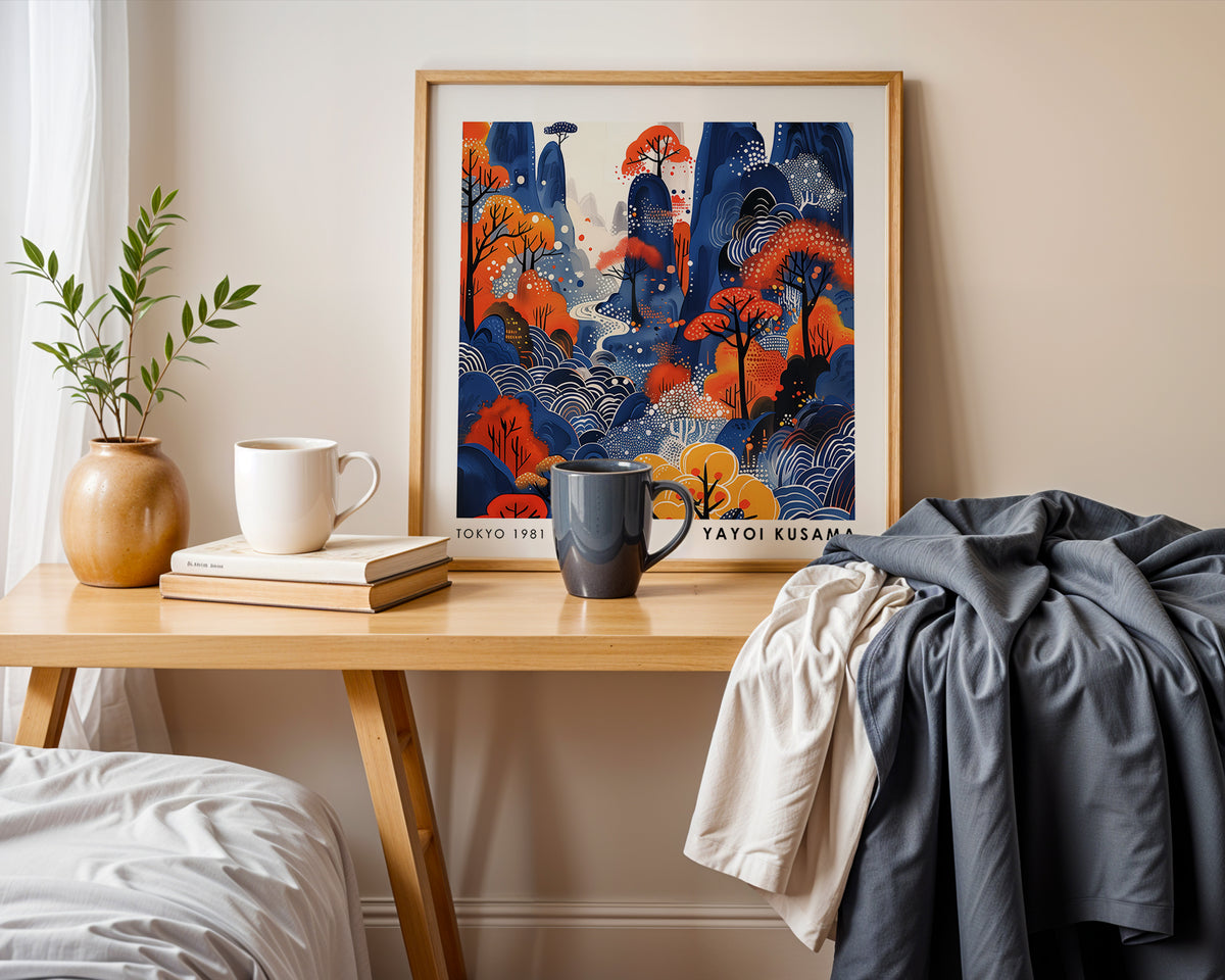 Yayoi Kusama Inspired Blue & Orange Mountain Print | Japanese Autumn Landscape Wall Art