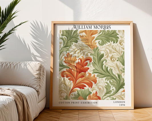 William Morris Style Acanthus Leaf Print – Orange & Green Square Wall Art