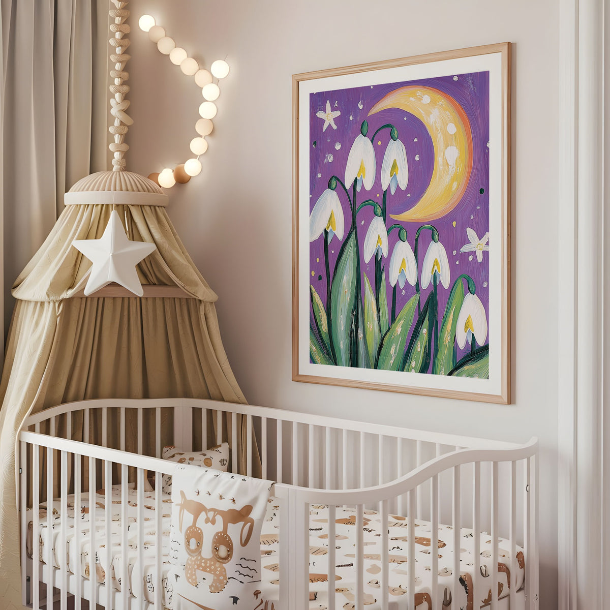 Purple snowdrop and moon nursery wall art displayed above a cot