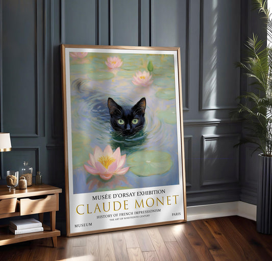Monet Cat Water Lily Art Print: Whimsical Impressionist Poster