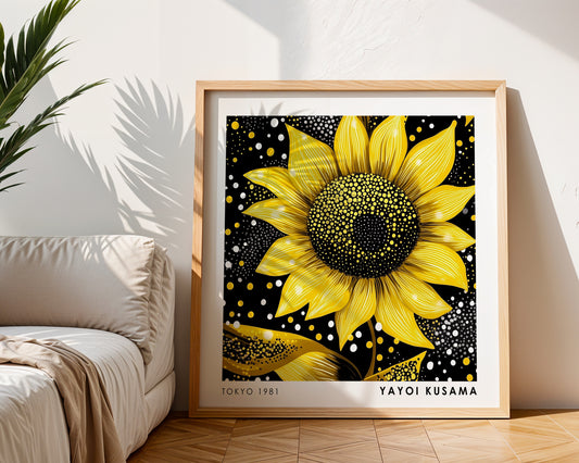 Yayoi Kusama Inspired Golden Sunflower Print | Black Yellow Polka Dot Wall Art