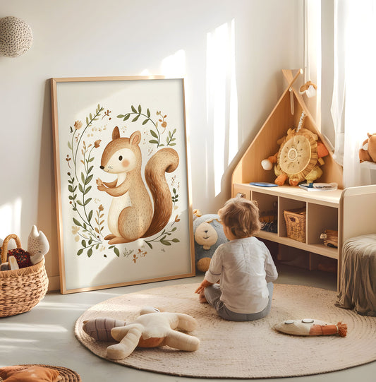 Woodland squirrel nursery print displayed in a bright child's room