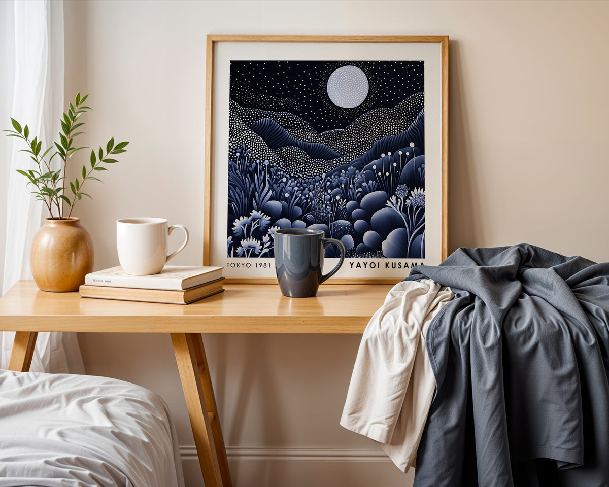 Yayoi Kusama Inspired Moonlit Landscape Print | Black White Polka Dot Wall Art