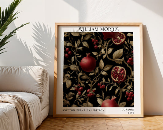 William Morris Style Pomegranate Vine Print – Black & Gold Botanical Square Wall Art