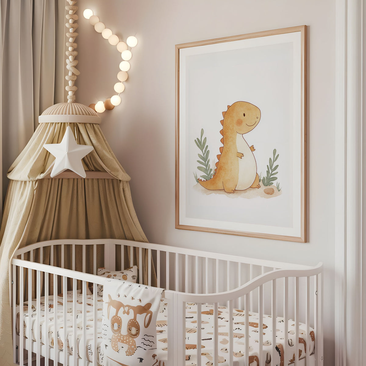 Cute dinosaur nursery wall art displayed above a cot
