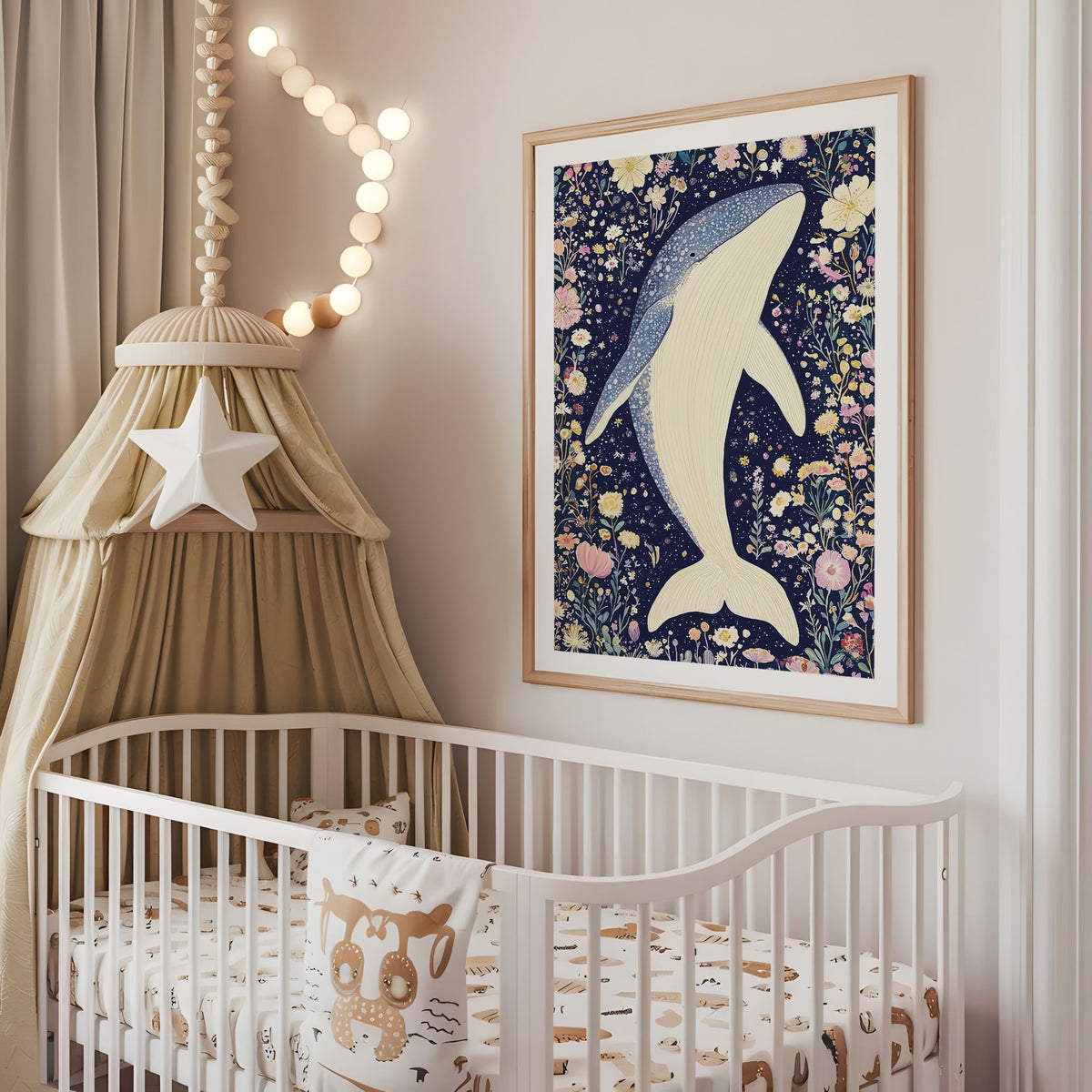 Floral whale nursery wall art displayed above a cot