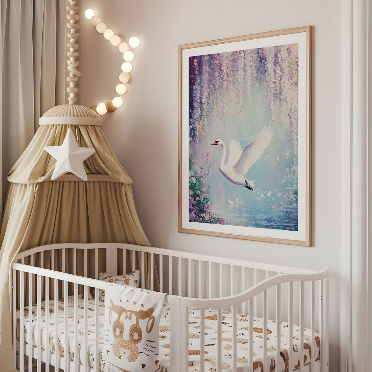 Flying swan nursery wall art displayed above a cot