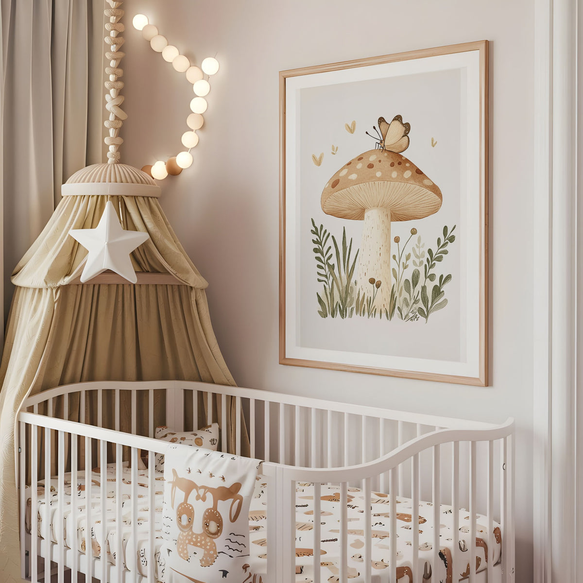 Mushroom butterfly nursery wall art displayed above a cot