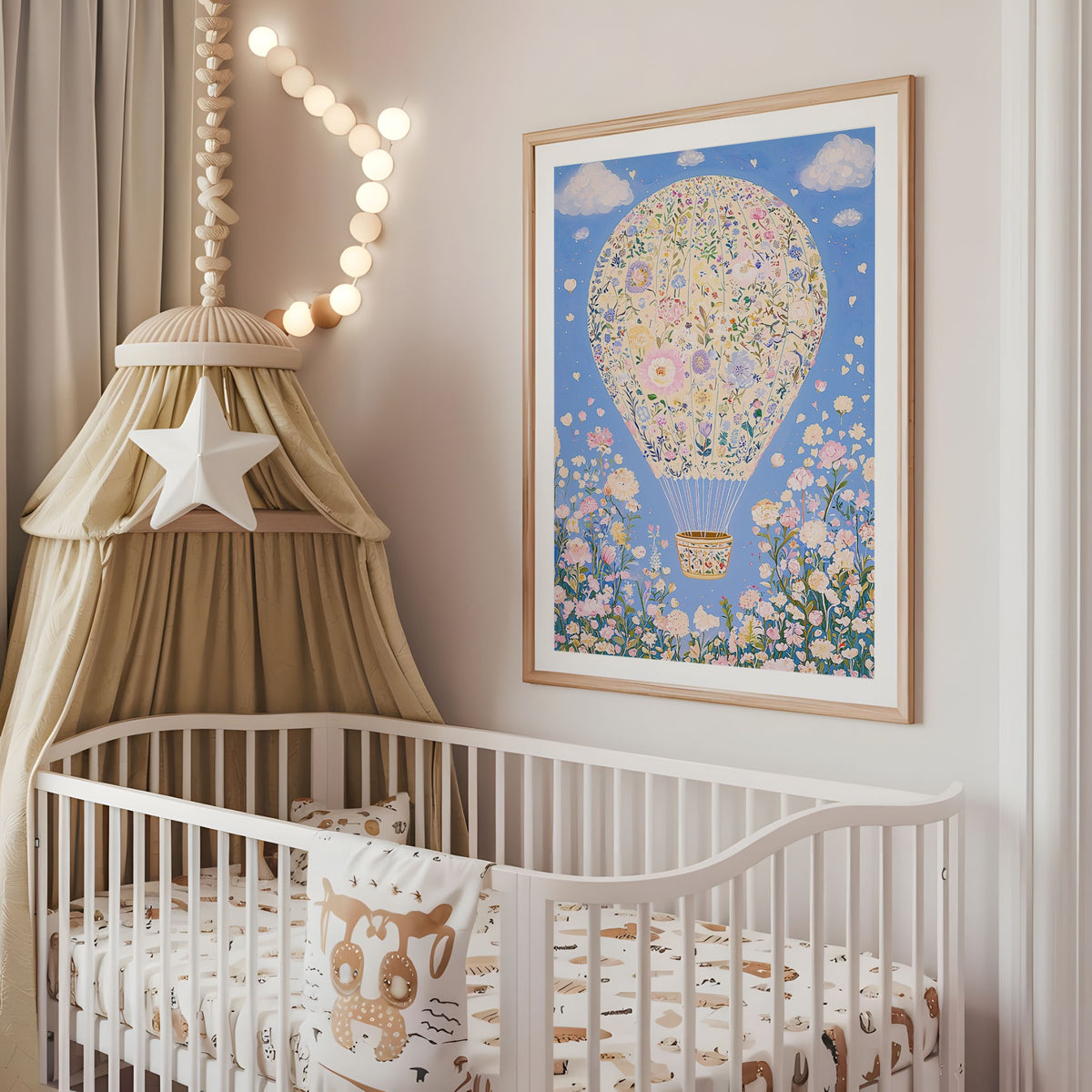 Floral hot air balloon nursery wall art displayed above a cot