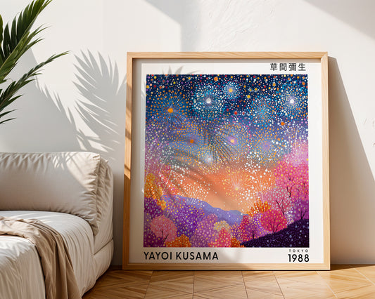 Yayoi Kusama Inspired Fireworks Landscape Print | Colourful Japanese Wall Art