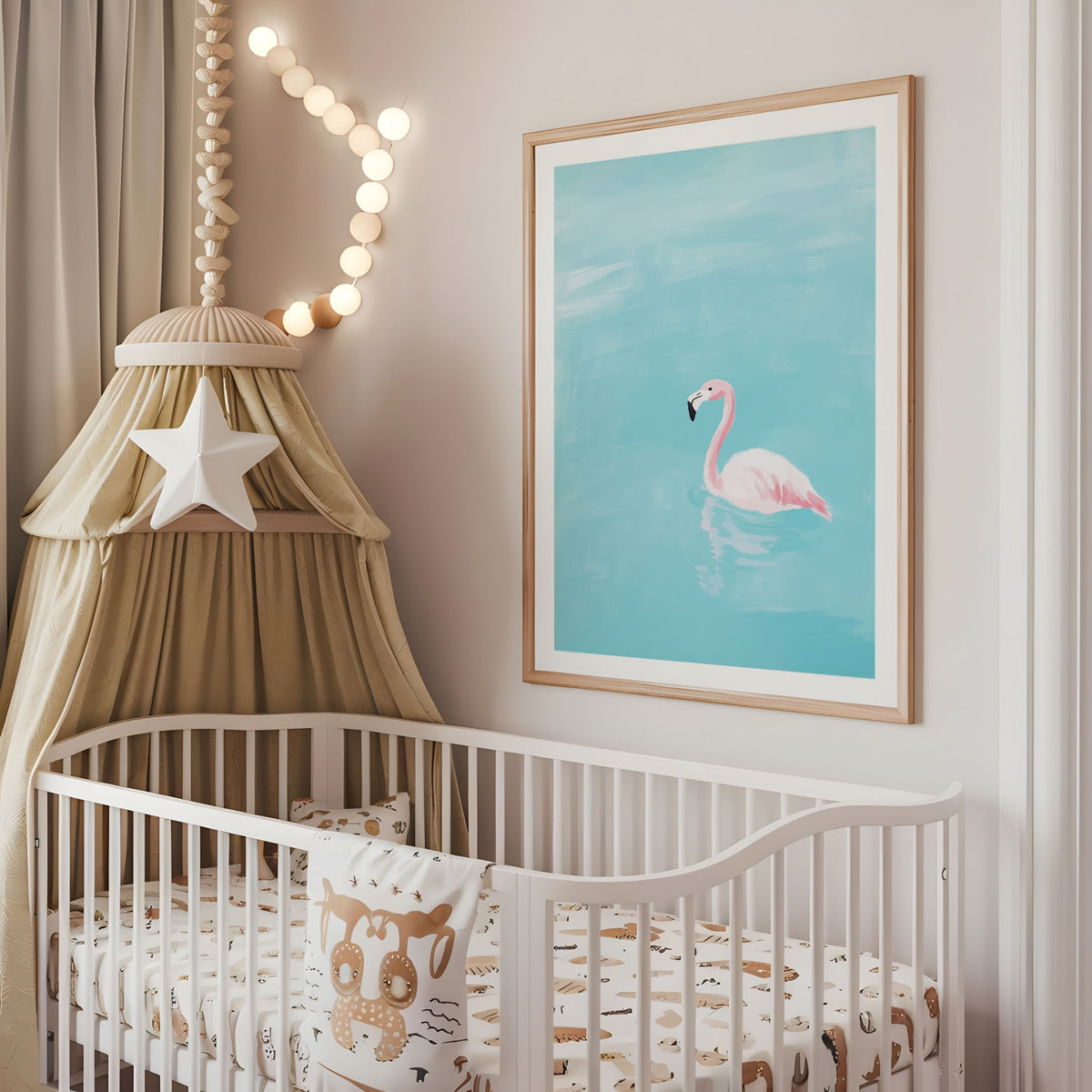 Pink flamingo nursery wall art displayed above a cot