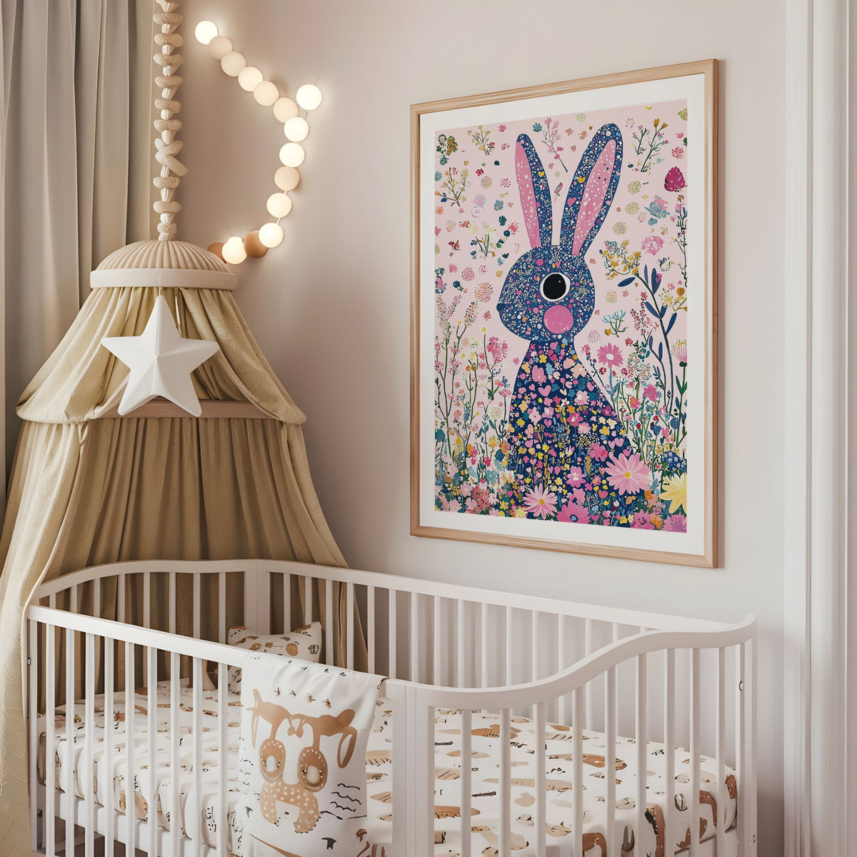 Colourful floral bunny nursery wall art displayed above a cot