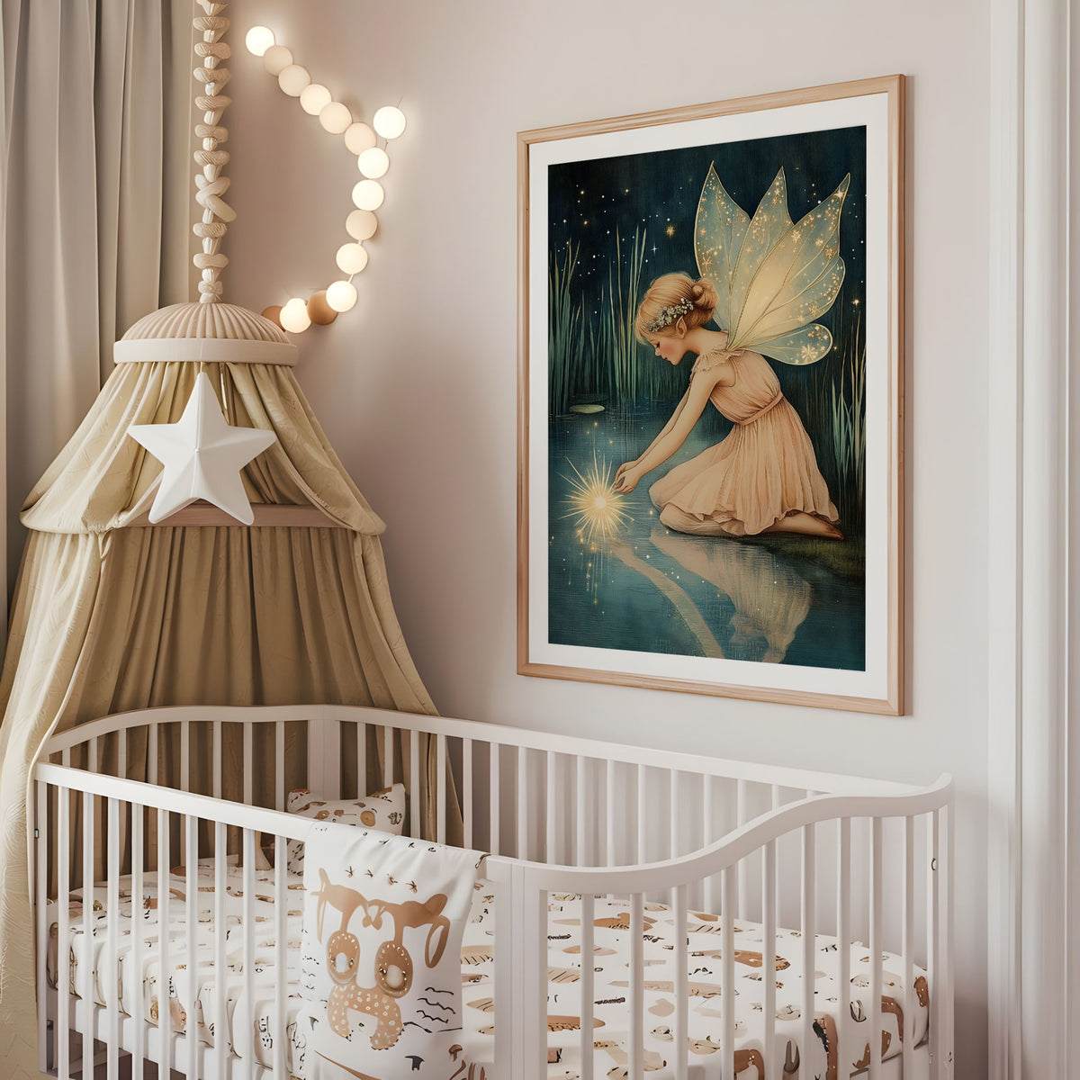 Magical fairy nursery wall art displayed above a cot