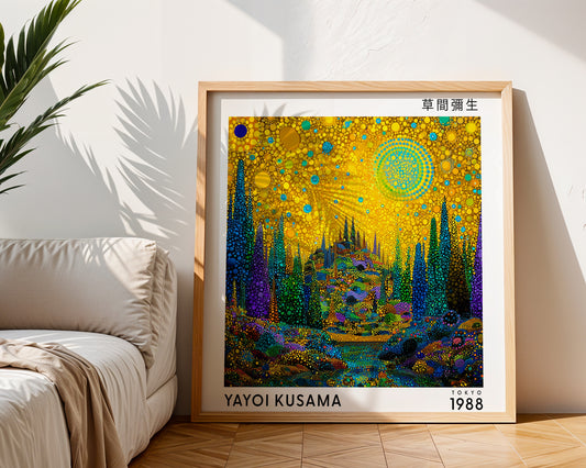 Yayoi Kusama Inspired Golden Fantasy Forest Print | Japanese Polka Dot Wall Art