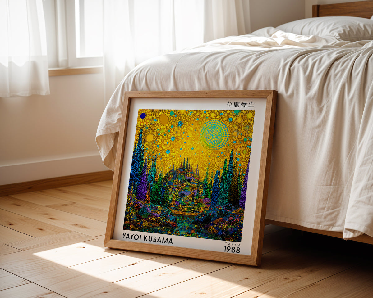 Yayoi Kusama Inspired Golden Fantasy Forest Print | Japanese Polka Dot Wall Art