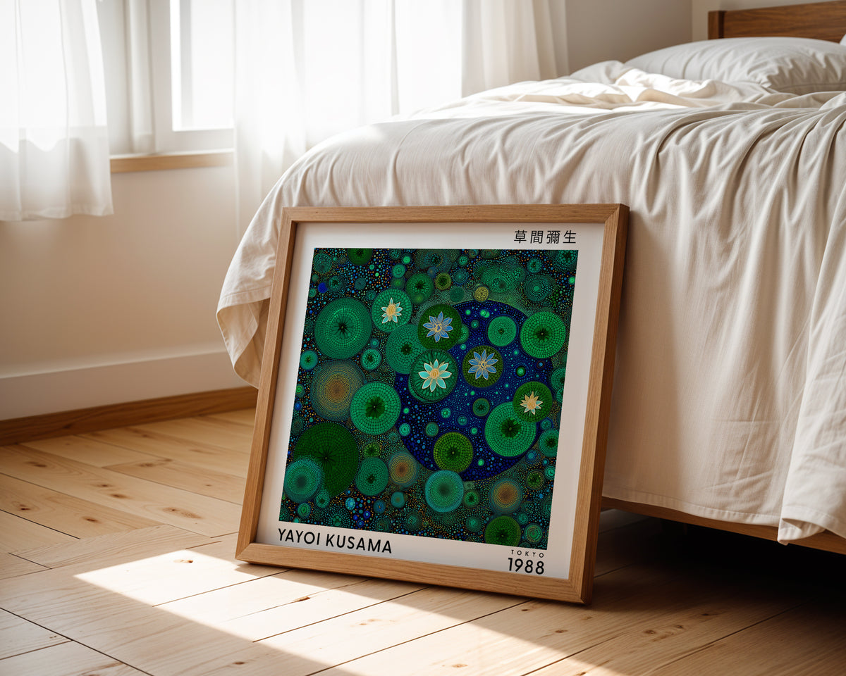Yayoi Kusama Inspired Green Lotus Pond Print | Japanese Polka Dot Wall Art