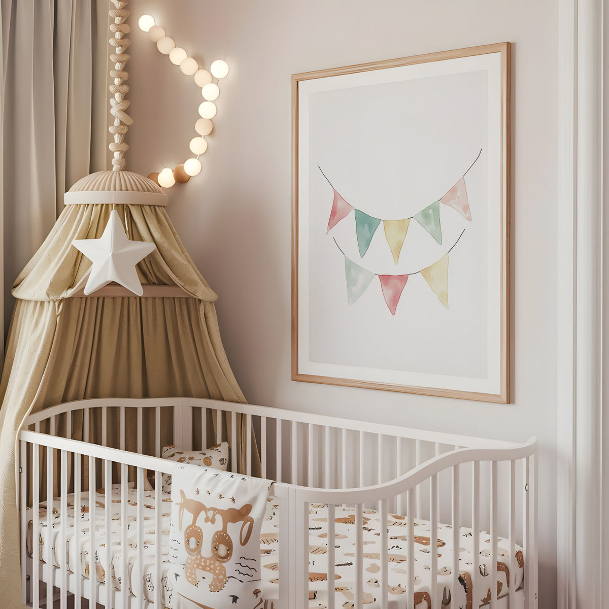 Pink sky wildflower meadow nursery wall art displayed above a cot
