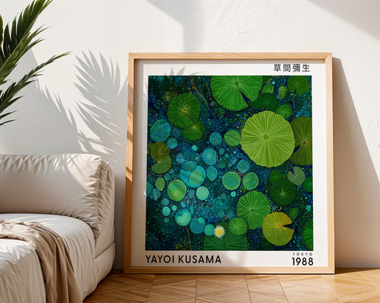 Yayoi Kusama Inspired Green Lily Pad Pond Print | Japanese Botanical Polka Dot Wall Art